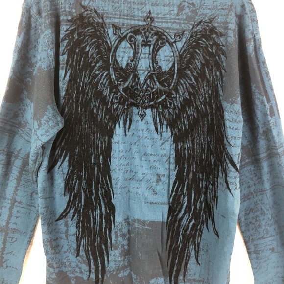 Affliction Shirt Thermal Long Sleeve Blue Wings Distressed Flocked Mens Size XL - Picture 9 of 11